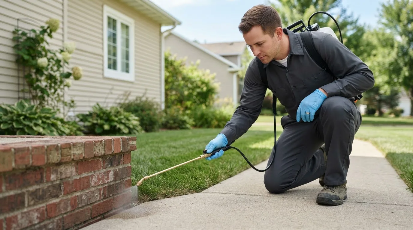 Pest control technician treating a home near Milaca, MN